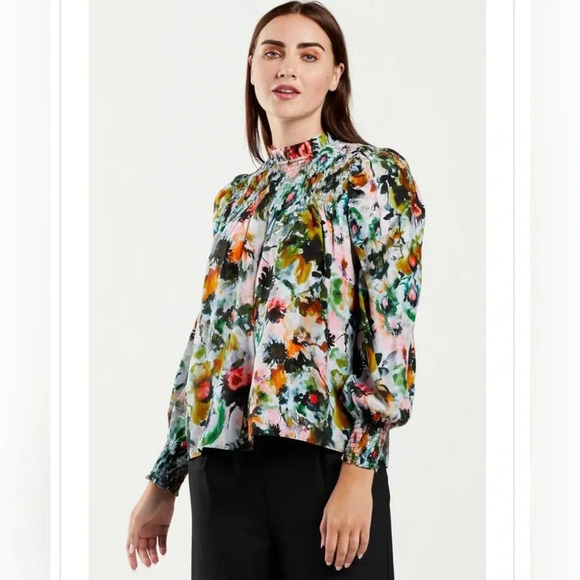 Marie Oliver Tops - Marie Oliver Long Sleeve Silk Colorful Floral Sofia
Smocked Blouse Top size S